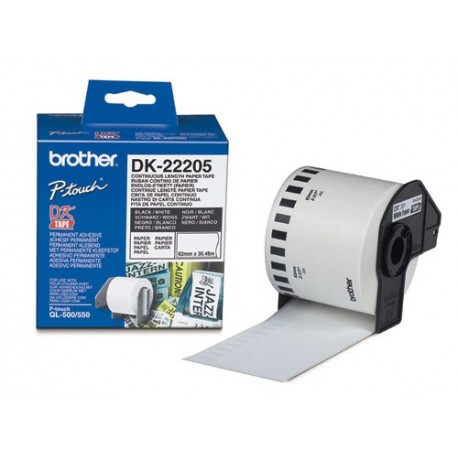 Rouleau de papier continu Brother DK22205 Noir sur blanc, 62 mm x 30,48 m (DK-22205) Rouleau de papier continu Brother DK22205 Noir sur blanc, 62 mm x 30,48 m (DK-22205)