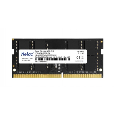 Barette Mémoire 4GB DDR4 SODIMM 2666Mhz C19 1.2V Netac