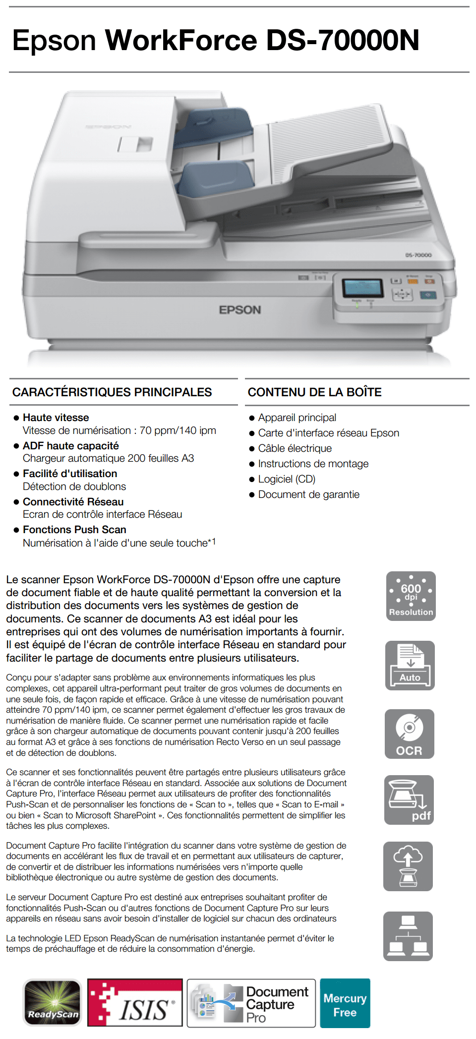 Scanner A3 Epson WorkForce DS-60000N (B11B204231BT) prix Maroc