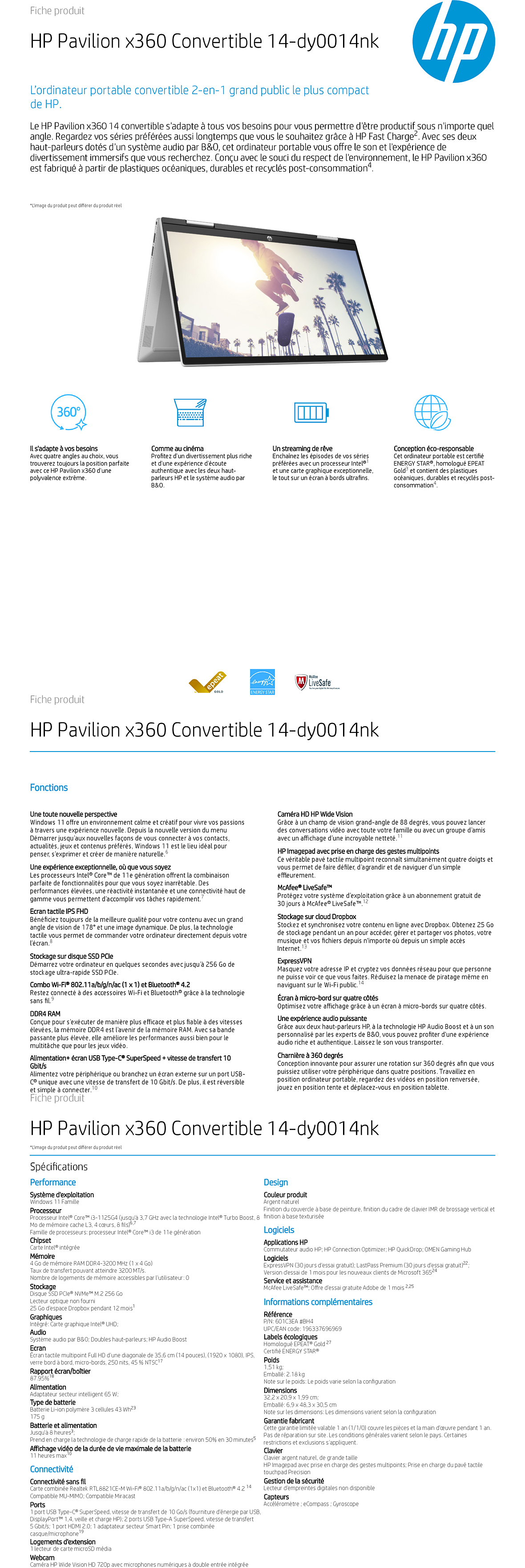 Pc Portable Convertible HP Pavilion x360 14-dy0014nk 601C3EA Maroc